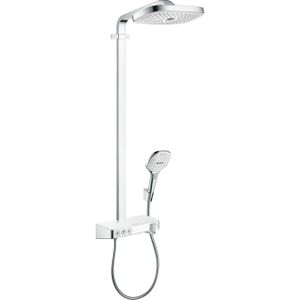 Hansgrohe Raindance Select E300 showerpipe: met Showertablet 300 opbouwkraan thermostatisch met handdouche 3jet en hoofddouche 3jet wit/chroom 27127400