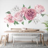 Muursticker - Waterverf Roze en Witte Pioen Bloemen - thumbnail