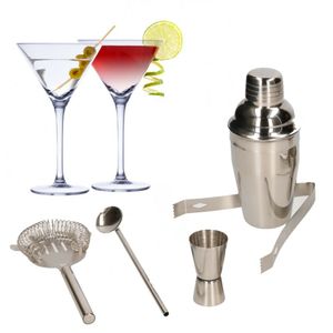 Set van 4x Martini cocktailglazen met complete 5-delige cocktailshaker set RVS