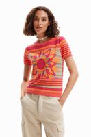 Gebreid T-shirt met bloem - ORANGE - XL