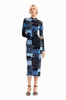 Geribde midi-jurk met bloemen - BLUE - S