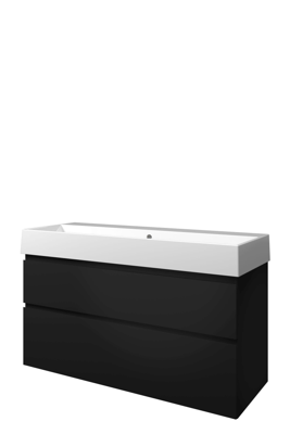Proline Porselein Loft wastafelonderkast met 2 asymmetrische lades en porseleinen wastafel zonder kraangat 120 x 73 x 46 cm, mat zwart