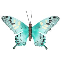 Turquoise blauw/zwarte metalen tuindecoratie vlinder 37 cm   - - thumbnail