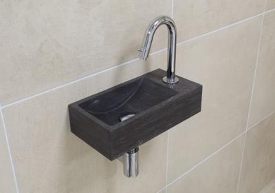 Mueller Small natuursteen fonteinset rechts met chroom gebogen fonteinkraan en toebehoren Mueller Small natuursteen fonteinset rechts met chroom gebogen fonteinkraan en toebehoren