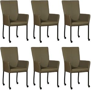 Set van 6 Olijfgroene leren moderne eetkamerstoelen Deal - met armleuning poot vierkant zwart met wiel - Toledo Leer Olive (olijfgroen leer)