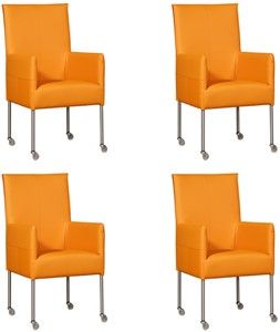 Set van 4 Oranje leren moderne eetkamerstoelen Spark - poot rond rvs met wiel - Toledo Leer Mandarin (oranje leer)