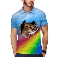 Voor heren POLO Shirt Tennisshirt Golfshirt dier Regenboog Kat Kraag Geel Blozend Roze blauw Paars 3D-afdrukken Straat Casual Korte mouw Button-omlaag Kleding Modieus Stoer Casual Lightinthebox