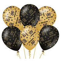 6x stuks luxe Abraham/50 jaar feest ballonnen - zwart/goud - latex - ca 30 cm - thumbnail