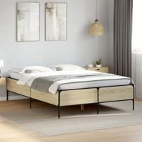 vidaXL Bedframe bewerkt hout metaal sonoma eikenkleurig 135x190 cm, bed, bed ombouw, twijfelaar bed, bedbodem, slaapkamermeubel, 2 persoonsbed