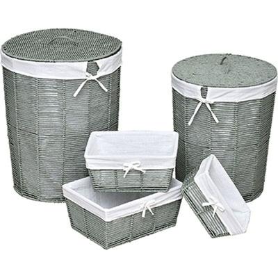 Set van 5 manden - Wasmand - Rechthoekige Opbergmandjes - Groen/Wit Linnen - Voor in de Kledingkast - Badkamer - Lade en Kast Organizer - Papiermandjes - Paper Basket - Natuurlijke look - Natuurlijk materiaal