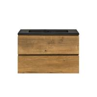 Badkamermeubel Callisto Diamond Hangend 80x50x48cm Mat Eiken 2 Lades Softclose Greeploos Kwartsteen Wastafel Zonder Kraangat Overloop