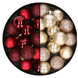 28x stuks kleine kunststof kerstballen donkerrood en champagne 3 cm   -