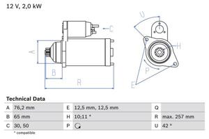 Startmotor / Starter BOSCH, Spanning (Volt)12V, u.a. für VW, Ford, Seat, Audi, Skoda