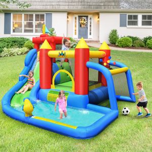 7 in 1 Springkasteel en 450W Blower Combinatie met Waterglijbaan Outdoor Bouncer Speelzwembad met Luchtblazer 350x315x245cm