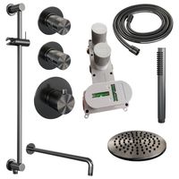 Regendoucheset Inbouw Brauer Gunmetal Edition Thermostatisch 20 cm met Gebogen Wandarm, Glijstang en Handdouche Staaf Losse Stopkranen Geborsteld - thumbnail