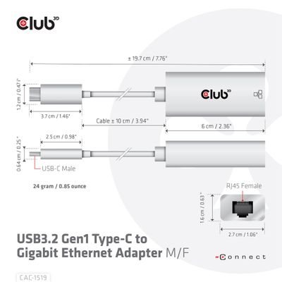 club3D Adapter USB 3.2 Typ C - RJ-45 Adapter 10 / 100 / 1000 MBit/s USB-C, RJ45