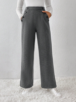 Plain Casual High Waist Button Detail Pants