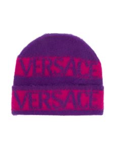 Versace Kids bonnet en laine vierge à logo imprimé - Violet