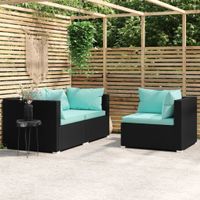 3-delige Loungeset met kussens poly rattan zwart - thumbnail