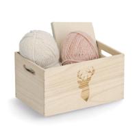 Opberg box/kist - naturel - hout - gestempeld hertenmotief - 30 x 20 x 16 cm