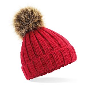 Gebreide winter muts rood met nep bont pompon voor dames/heren