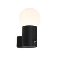 QAZQA - Modern Buiten wandlamp zwart met opaal glas met bewegingssensor - Huma | Buitenverlichting - Aluminium Bol - E27 Geschikt voor LED - Max. 1 x 28 Watt