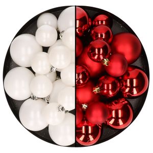 Kerstversiering kunststof kerstballen mix rood/winter wit 4-6-8 cm pakket van 68x stuks