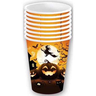 Halloween/horror pompoen feest bekers - 6x - zwart - papier - 240 ml Halloween/horror pompoen feest bekers - 6x - zwart - papier - 240 ml