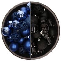 74x stuks kunststof kerstballen mix van kobalt blauw en zwart 6 cm - thumbnail