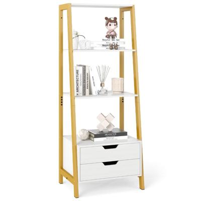 Vrijstaand Ladderrek 134 cm Boekenrek met 4 Open Planken en 2 Lades Veelzijdige Staande Kast Wit