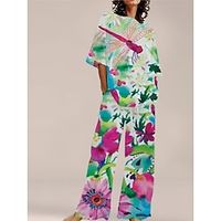 Dames Loungewear Sets 2-delig Bloem Eenvoudig Comfortabel Zoet Huis Dagelijks Polyester Ademend Strakke ronde hals Korte mouw Pullover Pantalon Zak Zomer Lente Geel blauw Lightinthebox