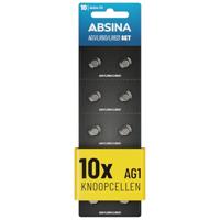 ABSINA AG1 LR621 Knoopcellen, verpakking van 10 stuks, 1,5 V alkaline-knoopcellen, lekvrij en met lange houdbaarheid, LR60, SR60, 1175S0, 164/602, 364, V30, SR621, knoopcelbatterijen, batterij