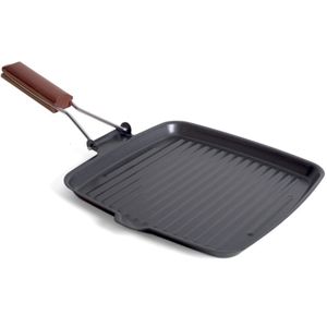 Zwarte metalen grillpan 26 cm met inklapbaar houten handvat   -