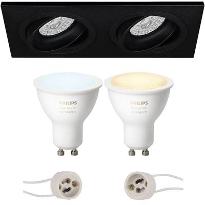 Pragmi Borny Pro - Inbouw Rechthoek Dubbel - Mat Zwart - Kantelbaar - 175x92mm - Philips Hue - Led Spot Set Gu10 - White