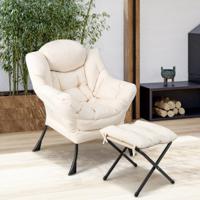 Fauteuil met Kruk Relaxstoel met Armleuningen Loungestoel met Kussen voor Woonkamer Slaapkamer Kantoor Beige