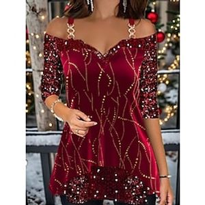 Dames Overhemd T-shirt Blouse Kerstshirt Fluweel Gestreept Sprankelend Pailletten Afdrukken Feest Kerstmis Weekend Festival / Feestdagen Koude schouder Lange mouw V-hals Wijn Lente Herfst Lightinthebox