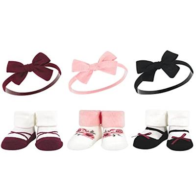 Hudson Baby Infant Girl Headband and Socks Giftset, Burgundy Black, One Size