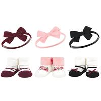 Hudson Baby Infant Girl Headband and Socks Giftset, Burgundy Black, One Size