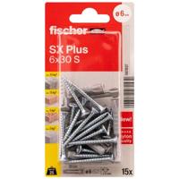 fischer - SX Plus 6x30 nylon expansiepluggen met kraag en schroeven, alle materialen/blisterverpakking van 15