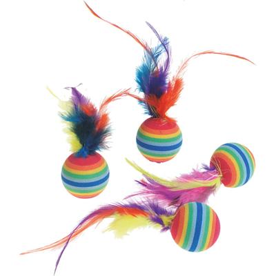 Kattenspeeltje Bal Regenboog met Veer - 4 stuks 7 x 7 x 3 cm Flamingo Multicolor