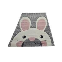 Flycarpets Kids Konijn Grijs / Roze Vloerkleed Kinderkamer