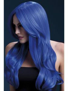 Professionele pruik lang neon blauw