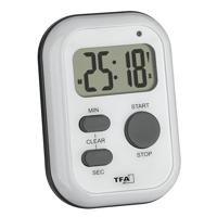 TFA Dostmann digitale timer met stopwatch, 38.2053.02, alarmgeluid (hard)/trilling/knipperlicht, keukenwekker, eierwekker, geschikt voor sport of examens of doven, aan/uit schakelaar, wit