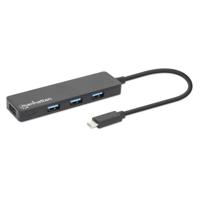 Manhattan 164924 4-poorts USB 3.2 Gen 1 hub USB-C-stekker naar 4 x USB-A-bus, 5 Gbit/s gegevensoverdrachtssnelheden, stroomvoorziening via USB, zwart