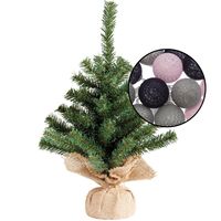 Mini kerstboom groen - met verlichting bollen grijs/lichtroze - H45 cm - thumbnail