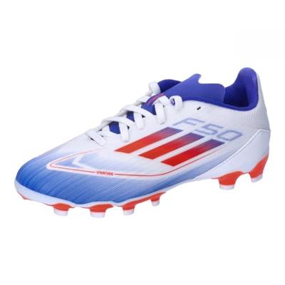 adidas F50 League voetbalschoenen voor dames en heren, meerdere grondschoenen, Ftwr White Solar Rood Lucide Blauw, 42 EU
