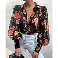 Dames Overhemd Blouse Chiffon Bloemig nappi Afdrukken Dagelijks Casual Lange mouw Overhemdkraag Zwart Lente zomer Lightinthebox - thumbnail