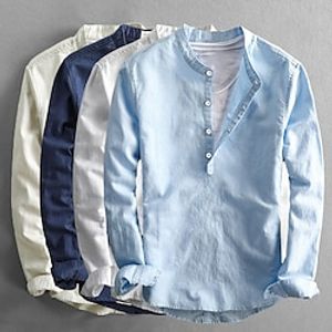 Voor heren Popover-shirt Zomer overhemd Strand Kleding Normaal shirt Overhemd met bandkraag Wit Donkerblauw Licht Luchtblauw Beige Lange mouw Effen Kraag Lente zomer Casual Dagelijks Kleding Lightinthebox