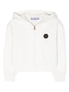 Philipp Plein Junior hoodie zippé à patch logo - Blanc