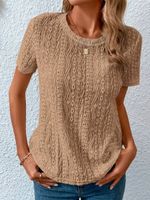 Loose Casual Crew Neck Solid Eyelet Embroidery Round Neck Tee